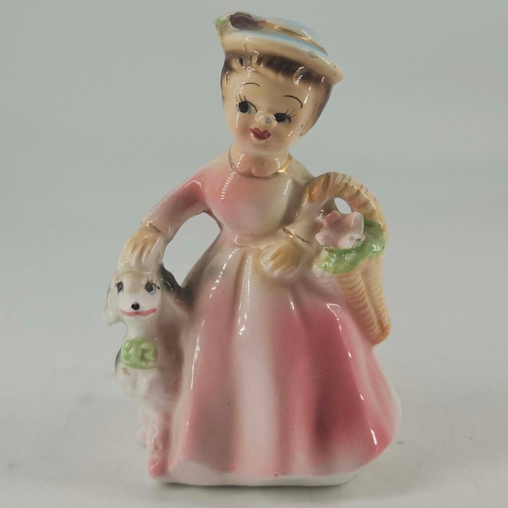 Vintage Josef Original 1966 Little Lady W Poodle basket of flowers 4"